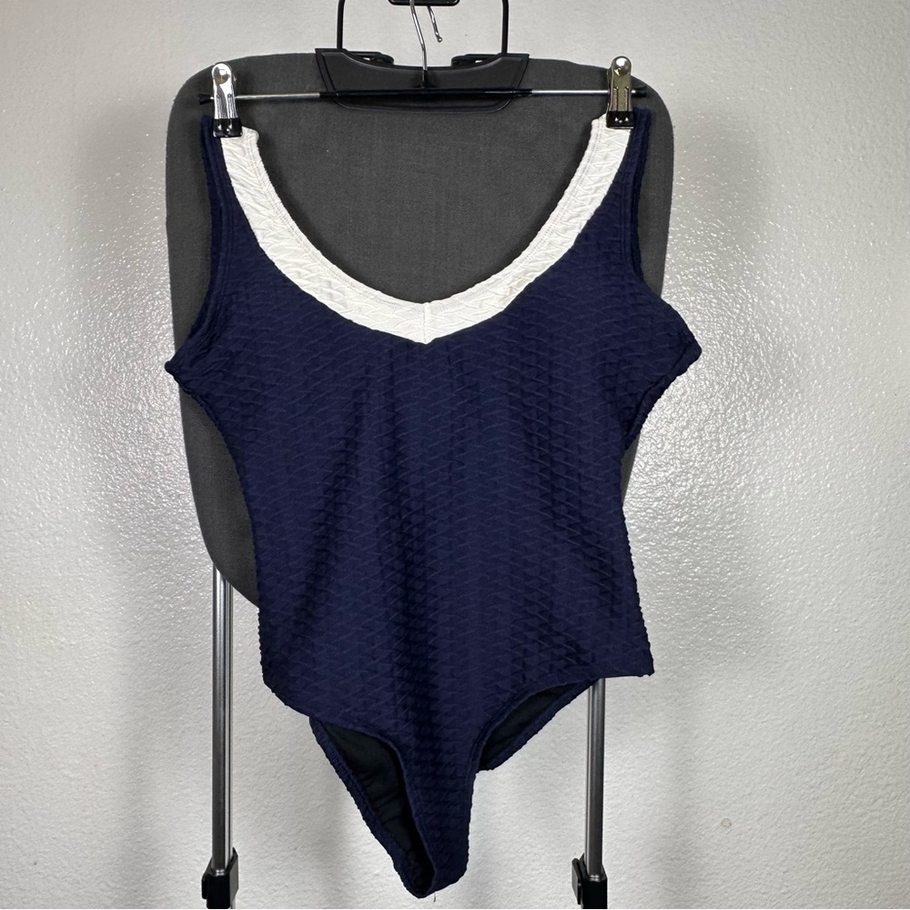 Navy‎ and White Textured One Piece Swimsuit